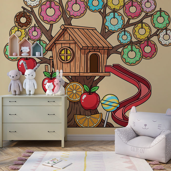 Behang kinderkamer | Boomhut met kleurrijk snoep en fruit