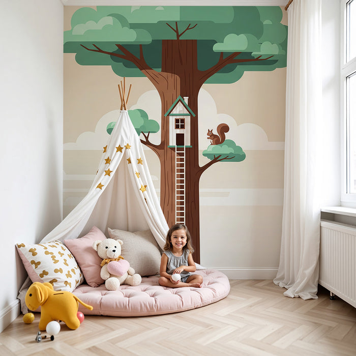 Kids' Room Wallpaper | Treehouse with Squirrel and Soft Foliage