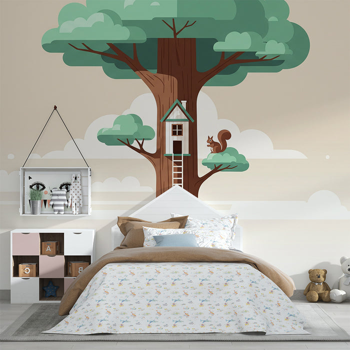 Kids' Room Wallpaper | Treehouse with Squirrel and Soft Foliage
