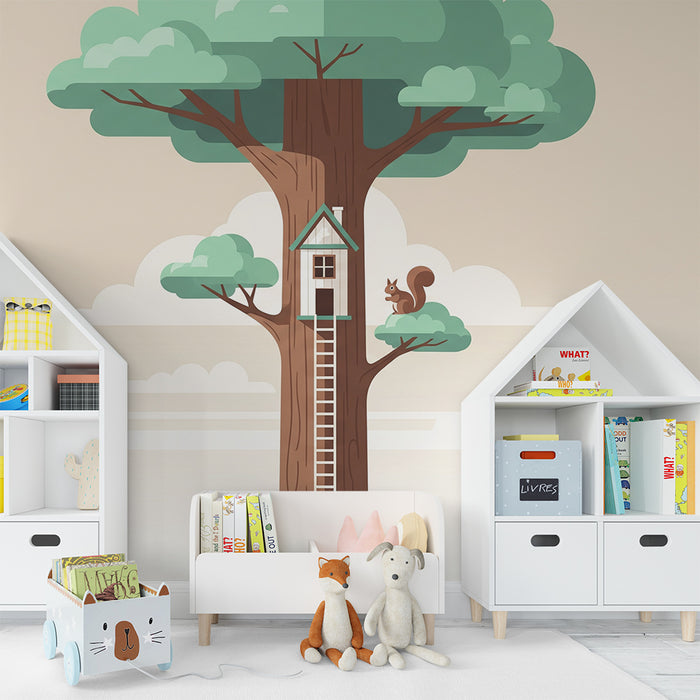 Kids' Room Wallpaper | Treehouse with Squirrel and Soft Foliage