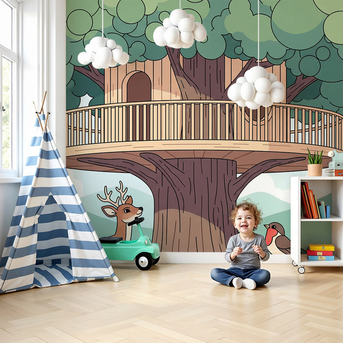 Kids' Room Wallpaper | Treehouse with Forest Animals