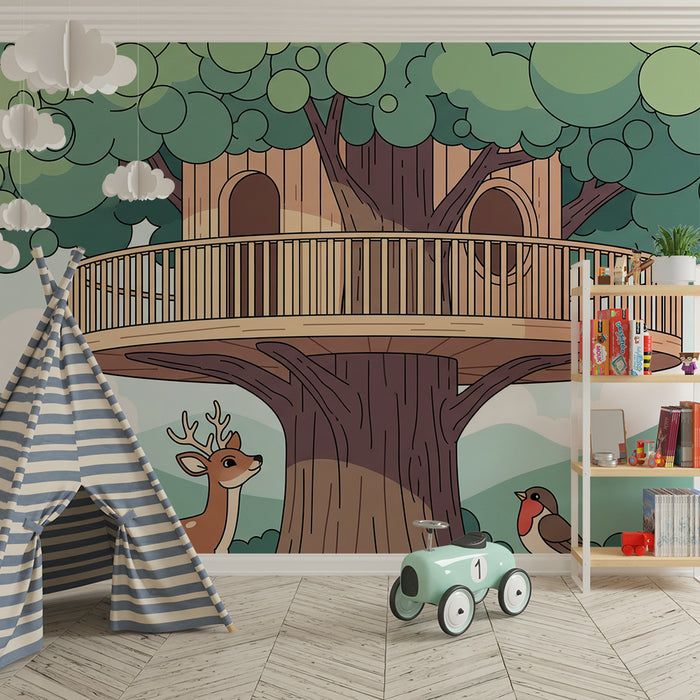 Kids' Room Wallpaper | Treehouse with Forest Animals