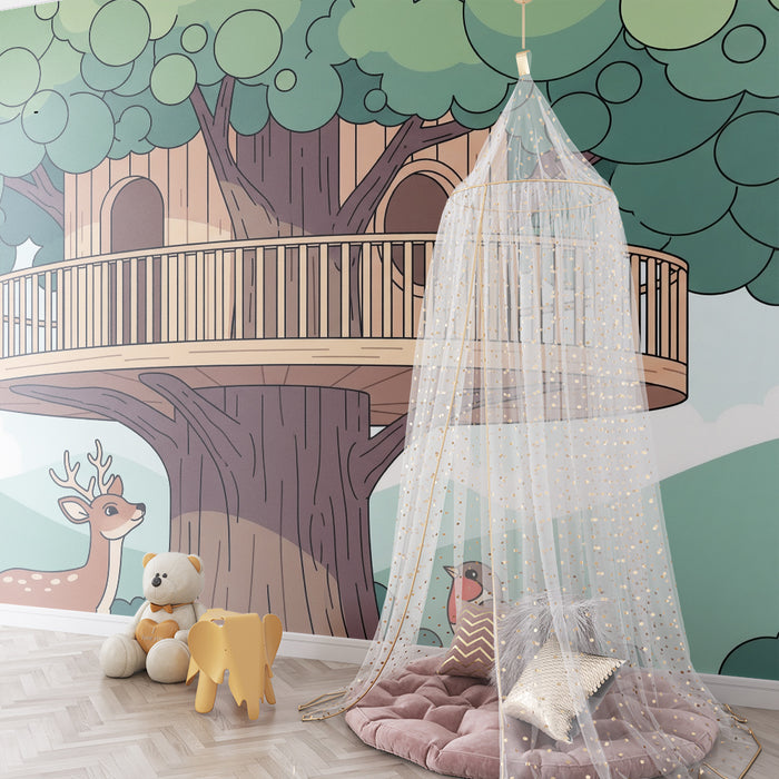 Kids' Room Wallpaper | Treehouse with Forest Animals
