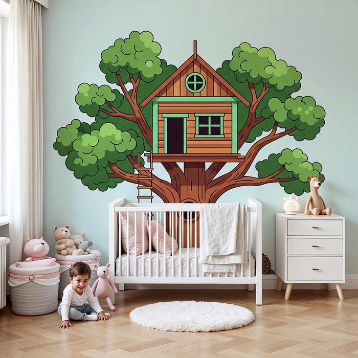 Papier peint chambre enfant | Cabane dans un arbre avec un hérisson mignon