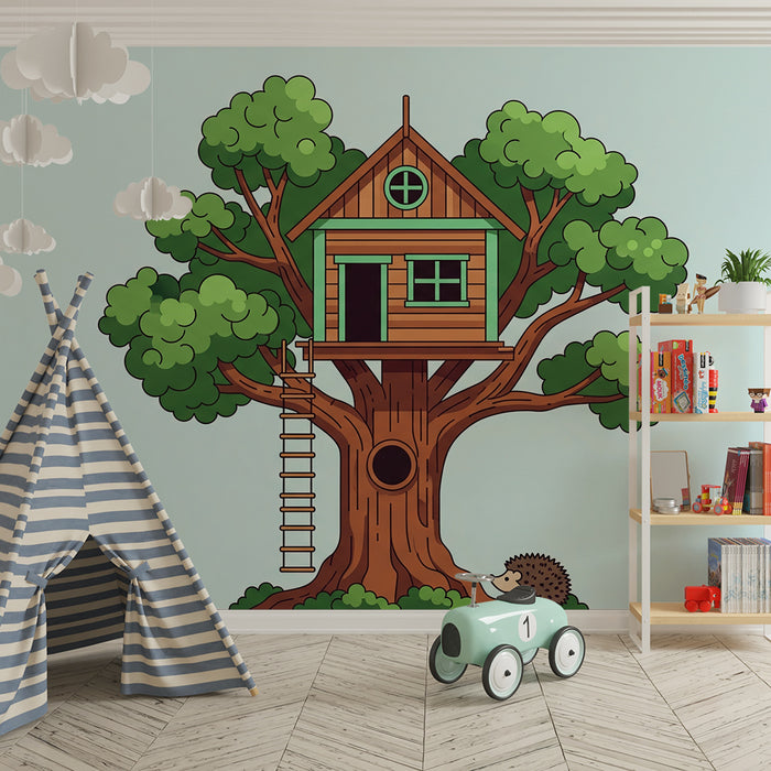 Papier peint chambre enfant | Cabane dans un arbre avec un hérisson mignon