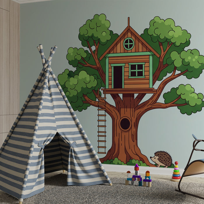 Papier peint chambre enfant | Cabane dans un arbre avec un hérisson mignon
