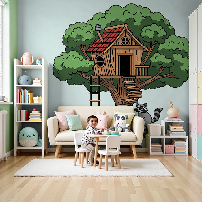 Kids' Room Wallpaper | Treehouse with a Playful Raccoon