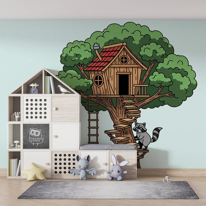 Kids' Room Wallpaper | Treehouse with a Playful Raccoon