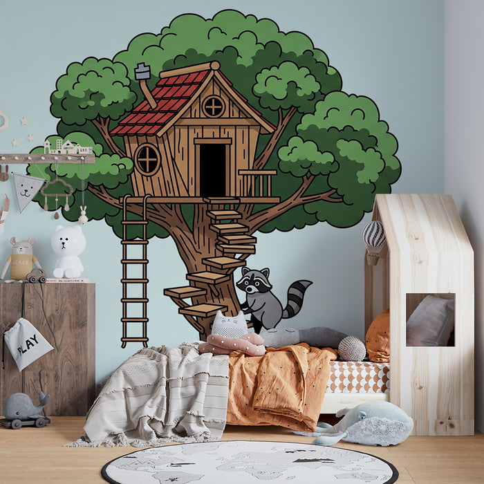 Kids' Room Wallpaper | Treehouse with a Playful Raccoon