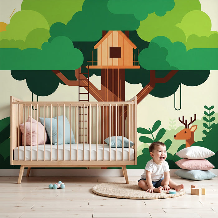 Papel pintado infantil | Cabaña en el árbol rodeada de naturaleza y animales