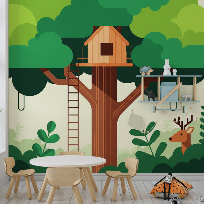 Papel pintado infantil | Cabaña en el árbol rodeada de naturaleza y animales