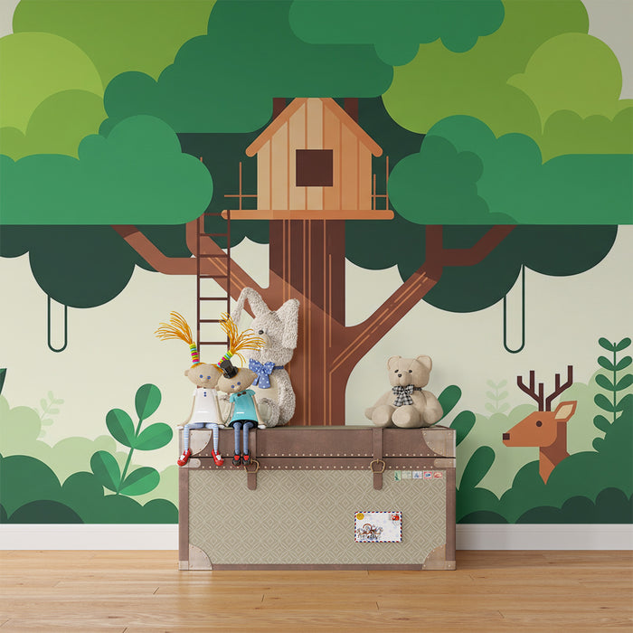 Papel pintado infantil | Cabaña en el árbol rodeada de naturaleza y animales