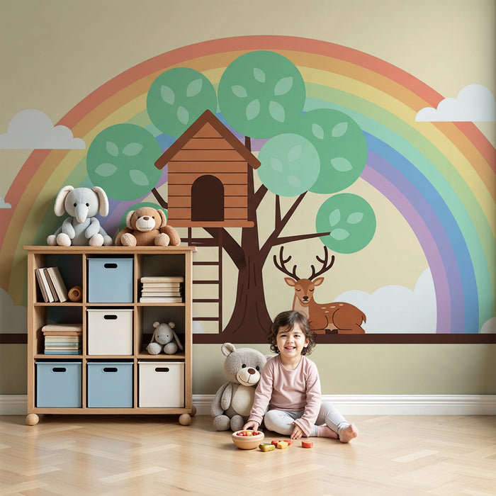 Kids' Room Wallpaper | Treehouse and Deer Under a Rainbow