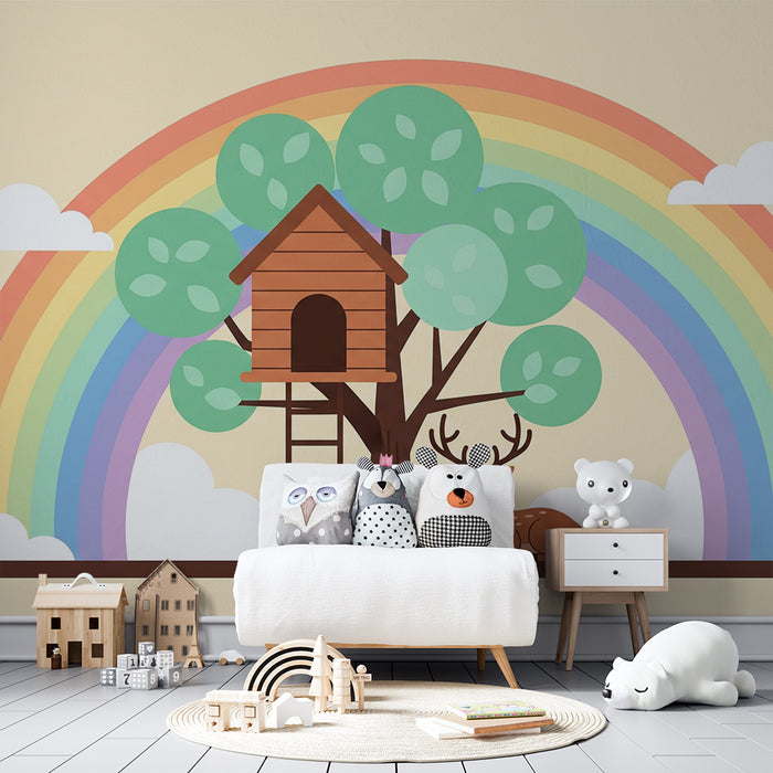 Kids' Room Wallpaper | Treehouse and Deer Under a Rainbow