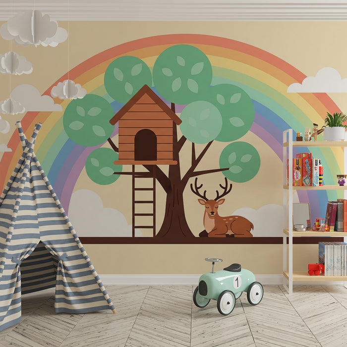 Kids' Room Wallpaper | Treehouse and Deer Under a Rainbow