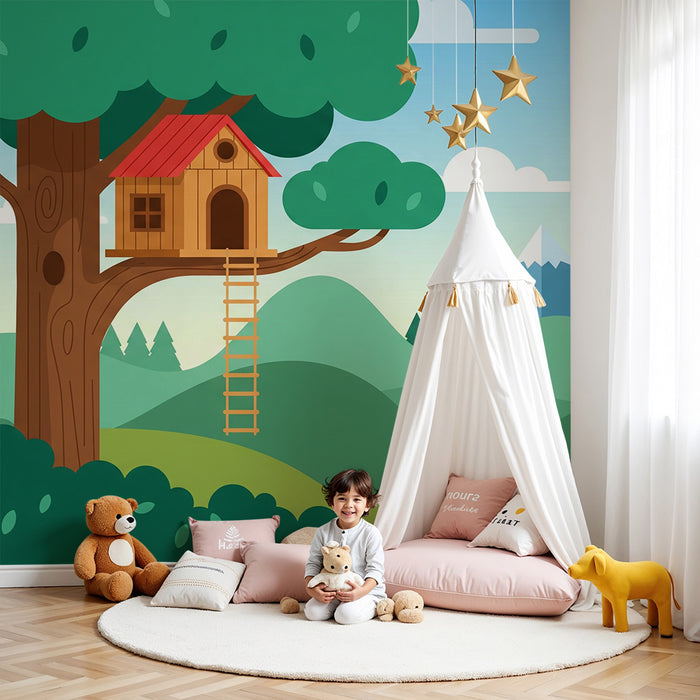 Kinderzimmer Tapete | Baumhaus und Berglandschaft