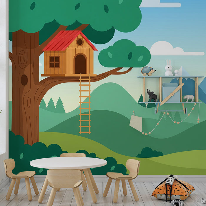 Kinderzimmer Tapete | Baumhaus und Berglandschaft