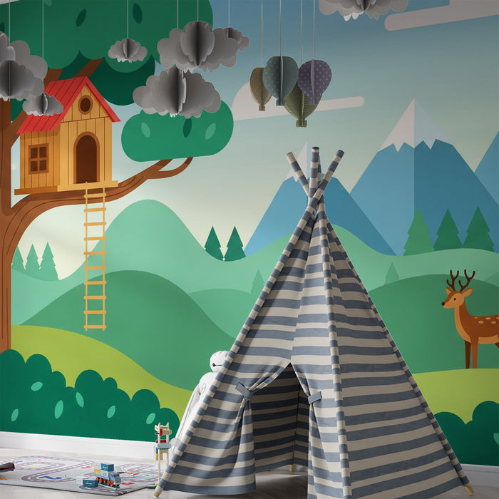 Kinderzimmer Tapete | Baumhaus und Berglandschaft