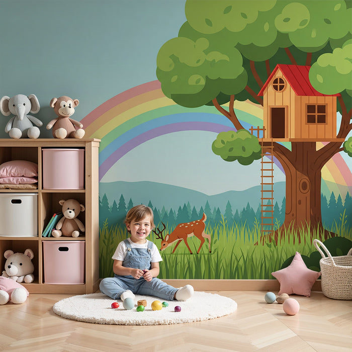 Behang kinderkamer | Boomhut onder een mooie regenboog