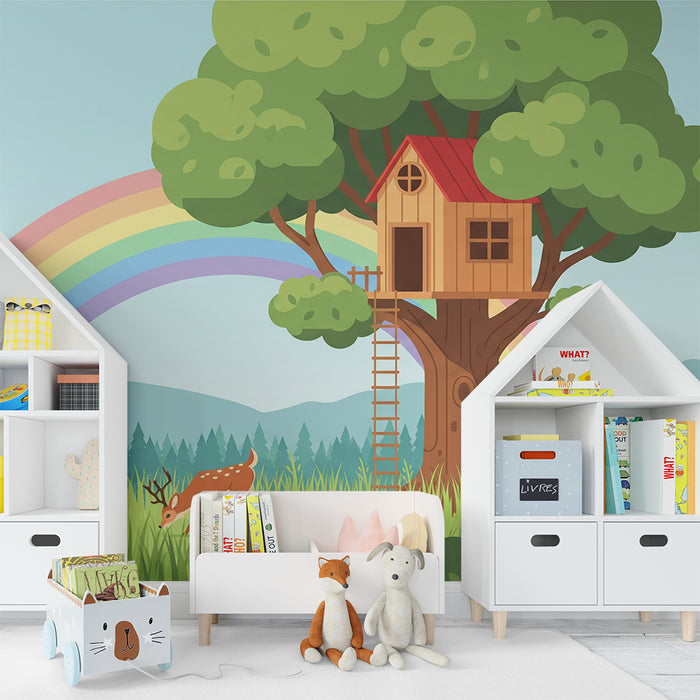 Behang kinderkamer | Boomhut onder een mooie regenboog