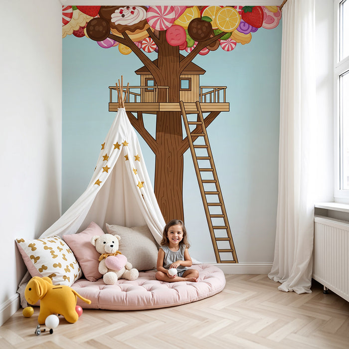 Behang kinderkamer | Zoet boomhutje met kleurrijke snoepjes