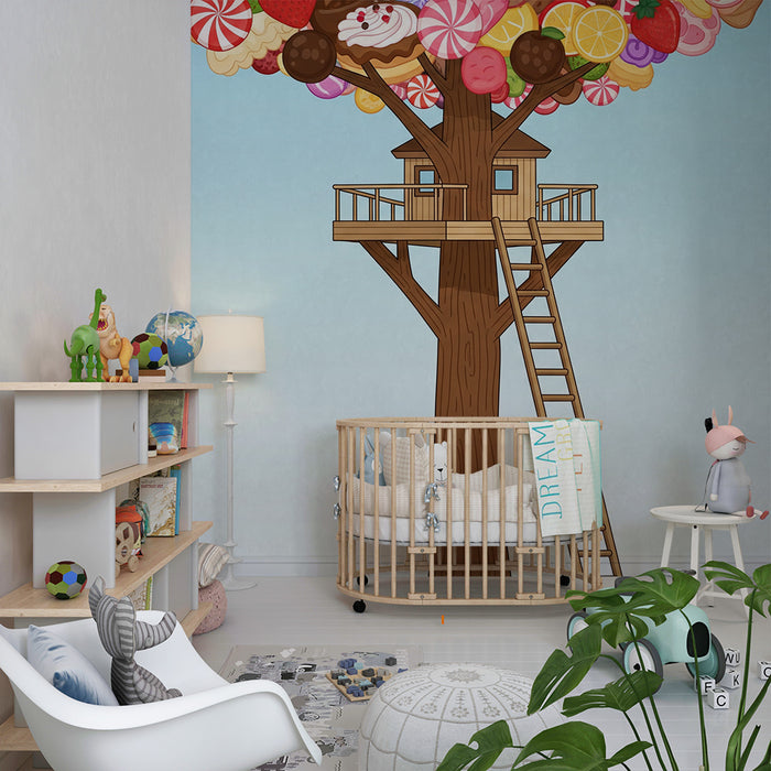 Behang kinderkamer | Zoet boomhutje met kleurrijke snoepjes