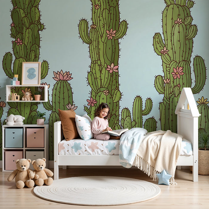 Behang kinderkamer | Cactus met bloemen op blauwe achtergrond