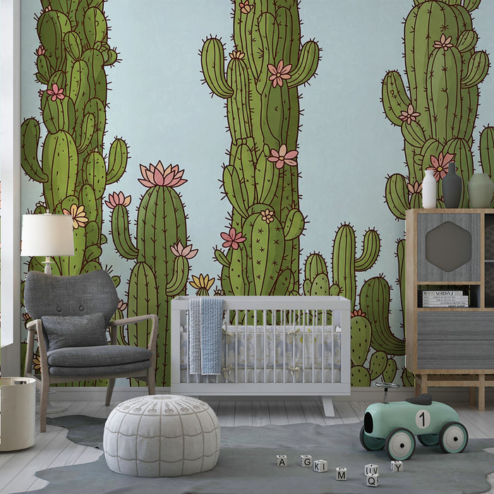 Behang kinderkamer | Cactus met bloemen op blauwe achtergrond