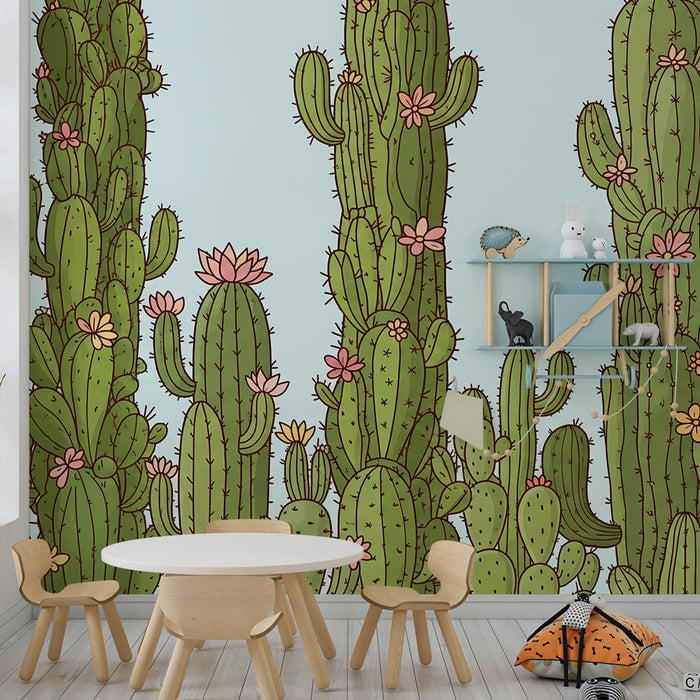 Behang kinderkamer | Cactus met bloemen op blauwe achtergrond