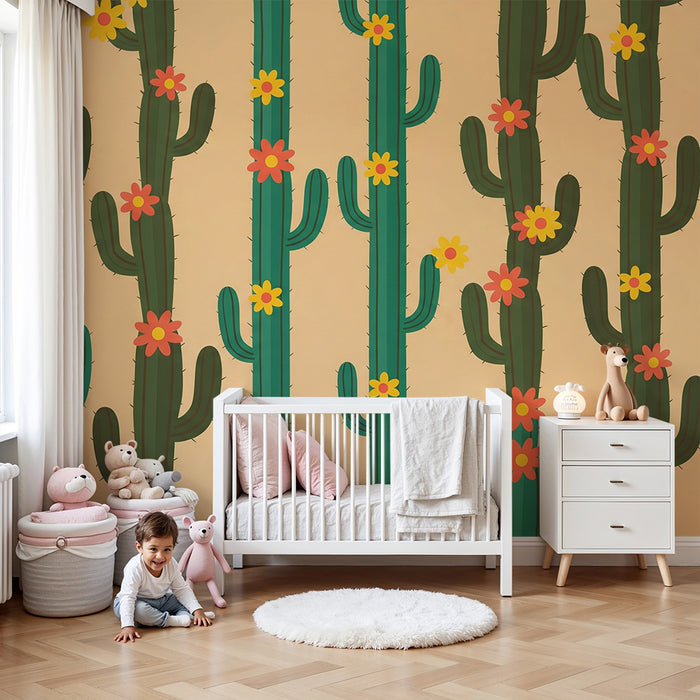 Behang kinderkamer | Kleurrijke cactussen met bloemen op beige achtergrond