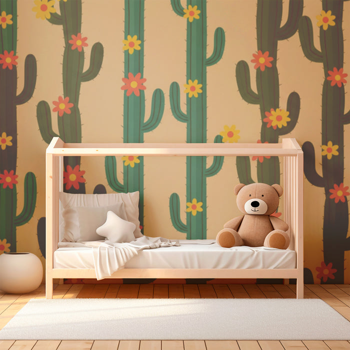 Behang kinderkamer | Kleurrijke cactussen met bloemen op beige achtergrond