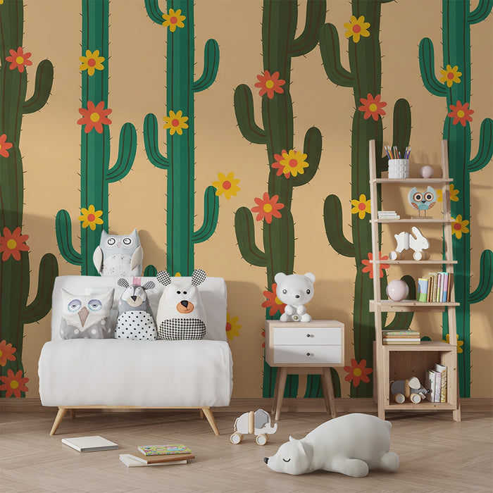 Behang kinderkamer | Kleurrijke cactussen met bloemen op beige achtergrond
