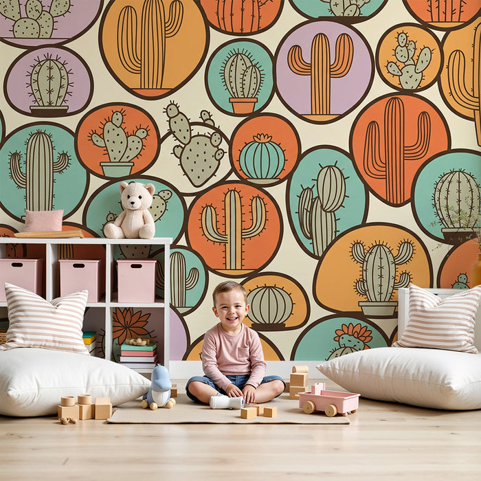 Behang kinderkamer | Kleurrijke cactussen in speelse cirkels