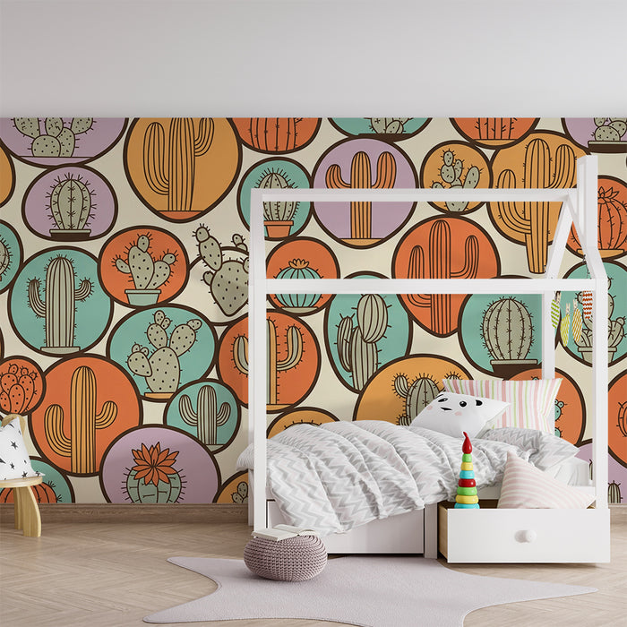 Behang kinderkamer | Kleurrijke cactussen in speelse cirkels