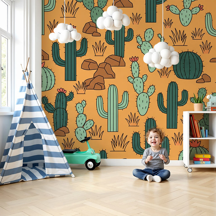 Papel de parede infantil | Cactos coloridos sobre fundo laranja vibrante