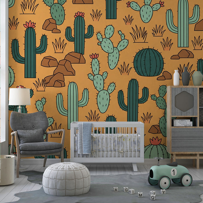 Papel de parede infantil | Cactos coloridos sobre fundo laranja vibrante