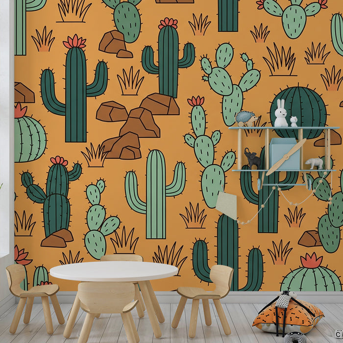 Papel de parede infantil | Cactos coloridos sobre fundo laranja vibrante