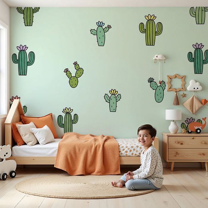 Tapet pentru camera copilului | Cactus colorați pe fundal pastelat