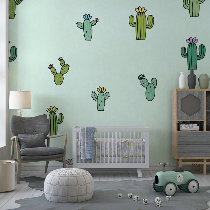 Tapet pentru camera copilului | Cactus colorați pe fundal pastelat
