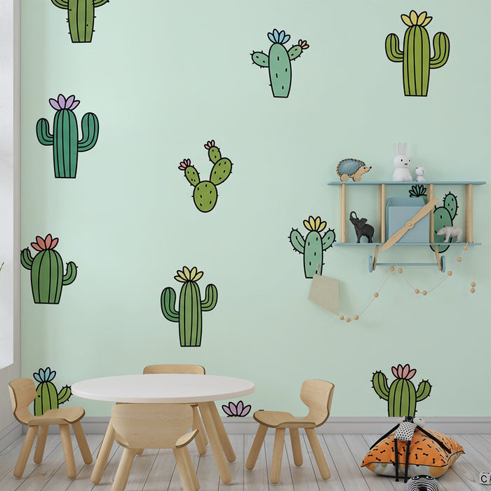 Tapet pentru camera copilului | Cactus colorați pe fundal pastelat