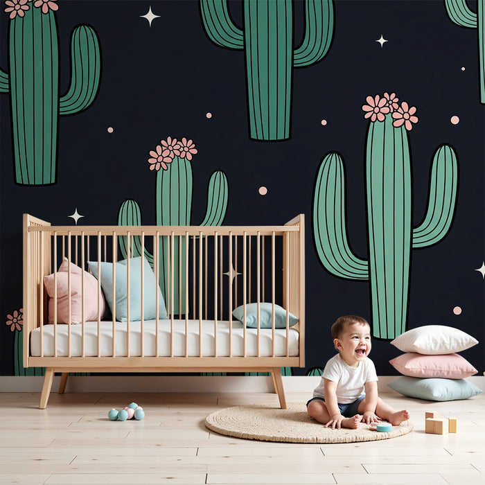 Papel de parede para quarto de criança | Cactos coloridos sobre fundo escuro com estrelas cintilantes