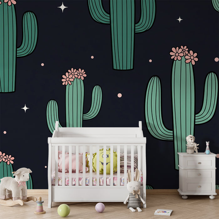 Papel de parede para quarto de criança | Cactos coloridos sobre fundo escuro com estrelas cintilantes