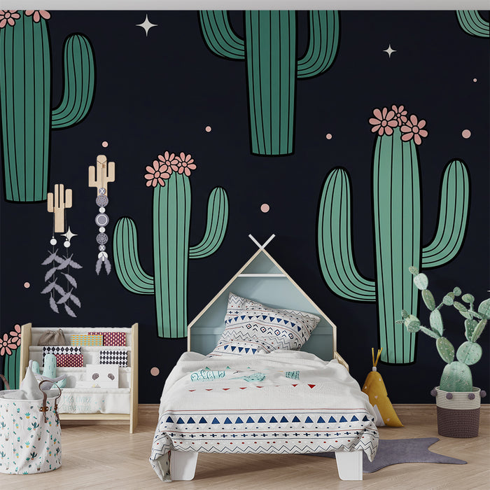 Papel de parede para quarto de criança | Cactos coloridos sobre fundo escuro com estrelas cintilantes