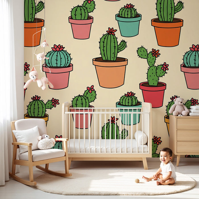 Kids' room wallpaper | Cactus in terracotta pots