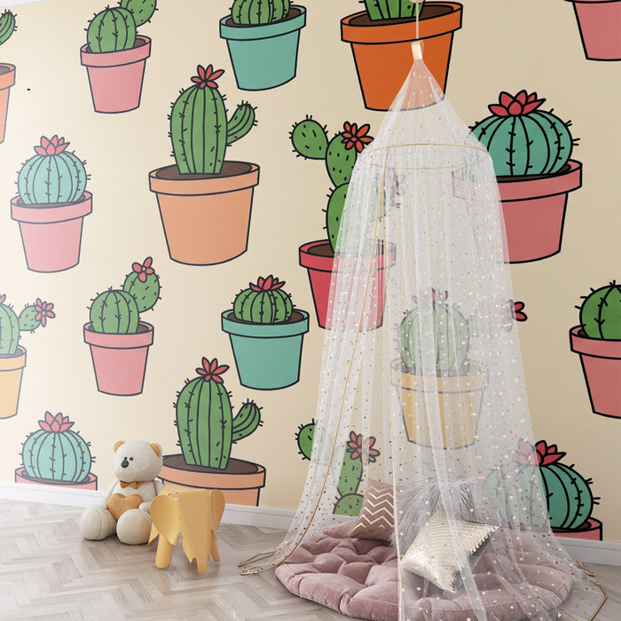 Kids' room wallpaper | Cactus in terracotta pots