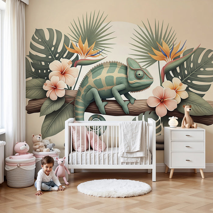 Tapete Kinderzimmer | Bunter Chamäleon zwischen tropischen Blumen und üppigem Blattwerk