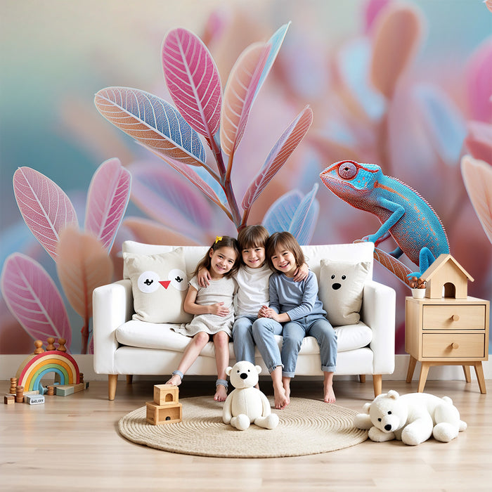 Kinderzimmer Tapete | Bunter Chamäleon unter Pastellblättern