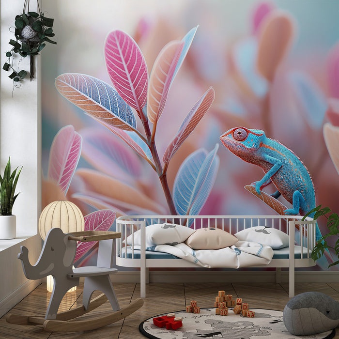 Kinderzimmer Tapete | Bunter Chamäleon unter Pastellblättern