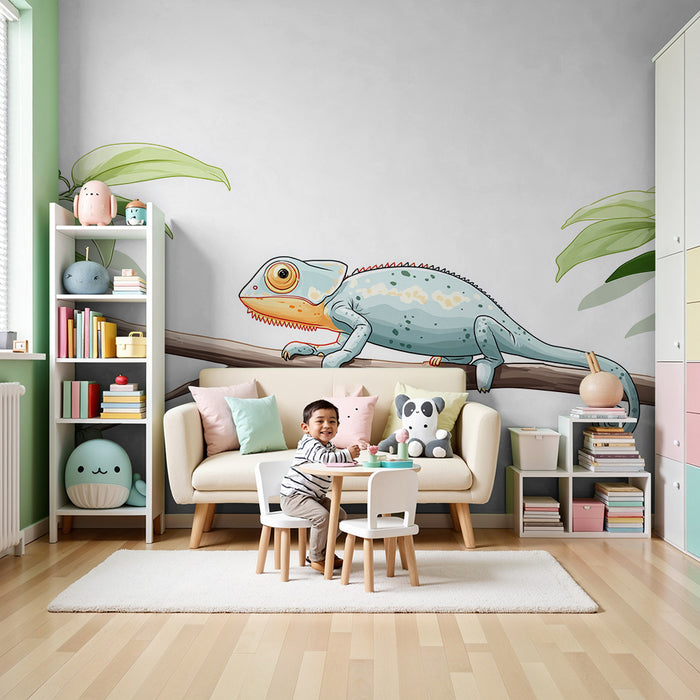 Tapet pentru camera copilului | Cameleon colorat pe o ramură cu frunziș tropical