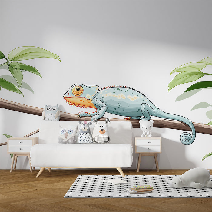 Tapet pentru camera copilului | Cameleon colorat pe o ramură cu frunziș tropical